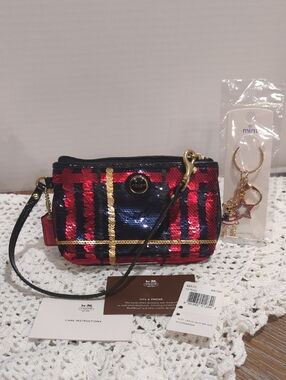 Coach Sequin Tartan Wristlet (with patriotic bag charm included)